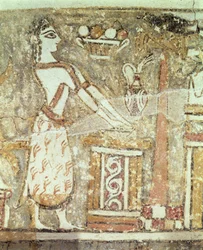 Priesterin an einem Altar, Detail von einem Sarkophag aus einem Grab in Ayia Triada, Kreta, Spätminoische Periode, um 1390 v. Chr.
